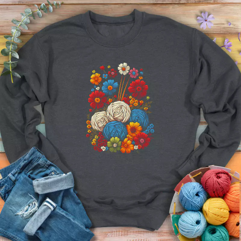 yarn flower sweatshirt dark heather